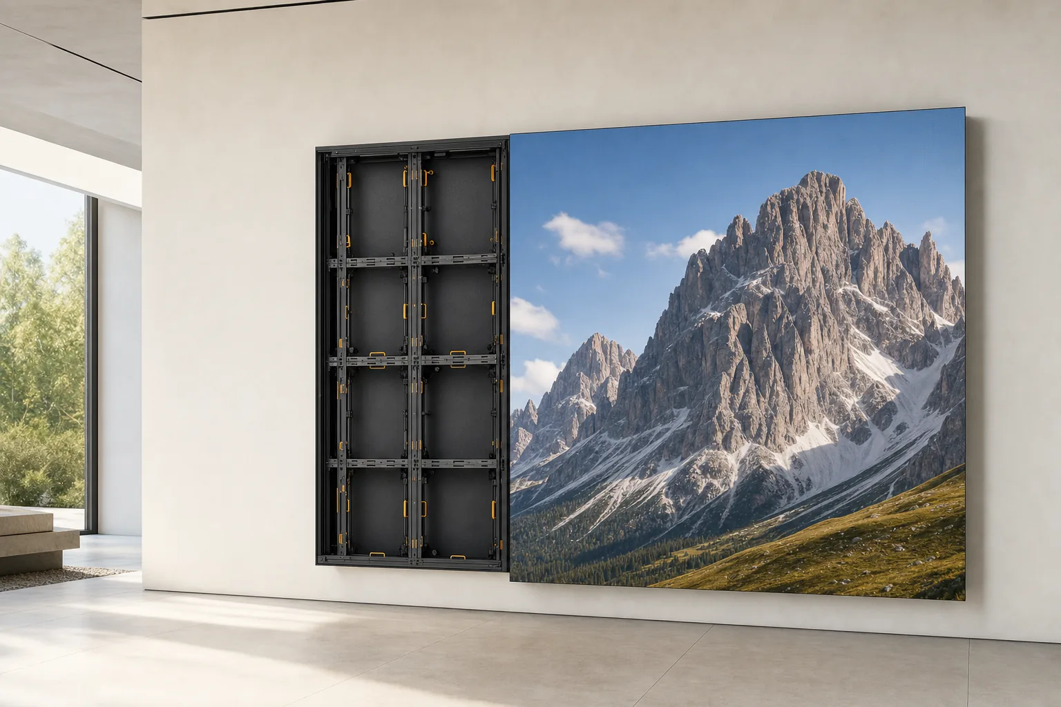 LED wall modulare parzialmente aperto, con struttura tecnica visibile