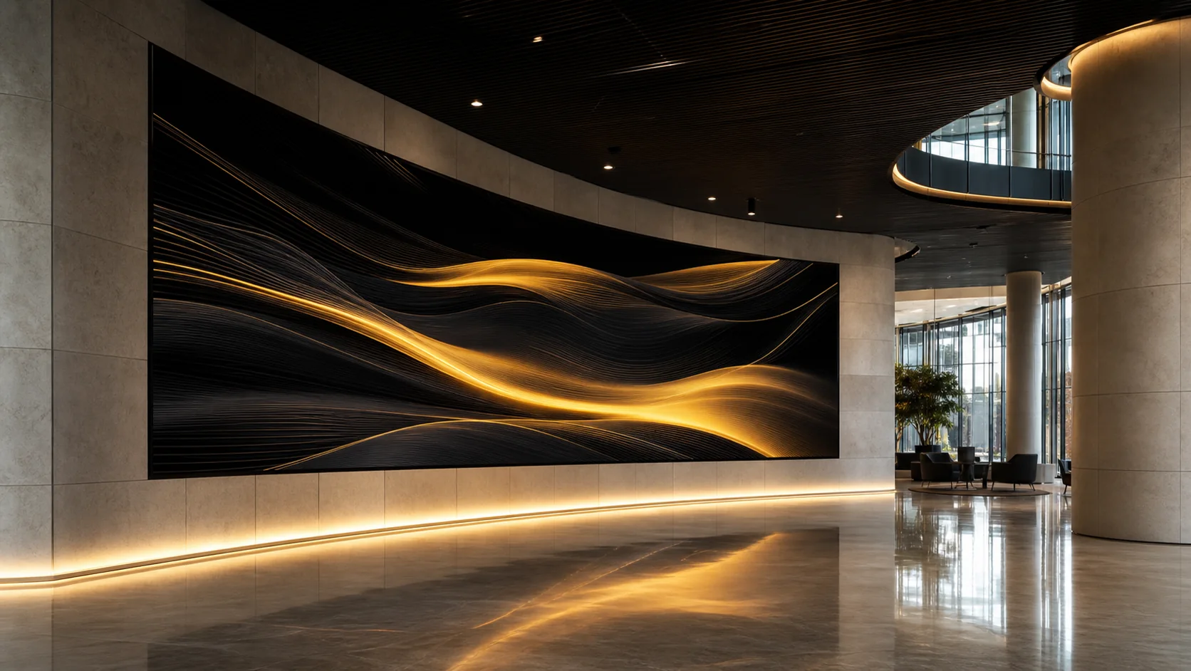 Esempio dimostrativo di LED wall nero e ocra in un atrio aziendale
